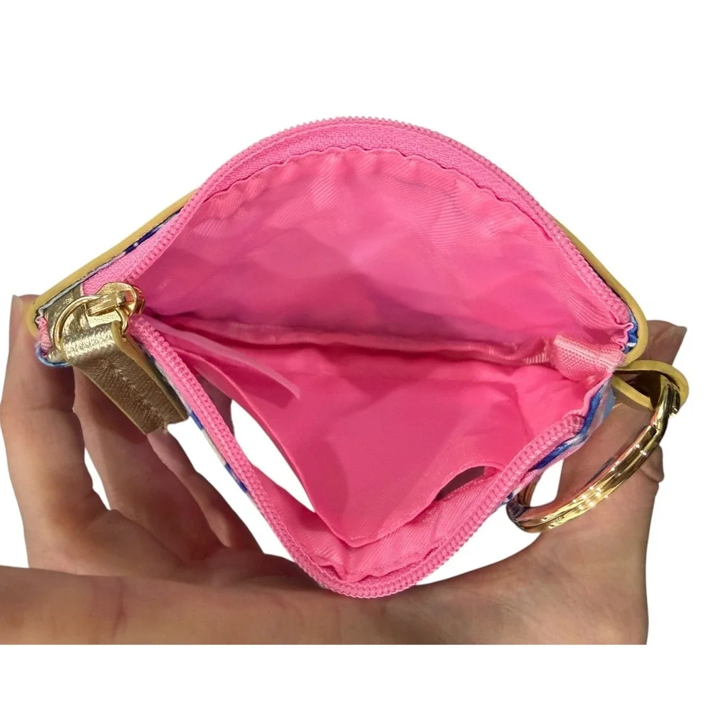Lilly Pulitzer Keychain ID Wallet Coin Purse Card Holder Pink Blue Floral Gold